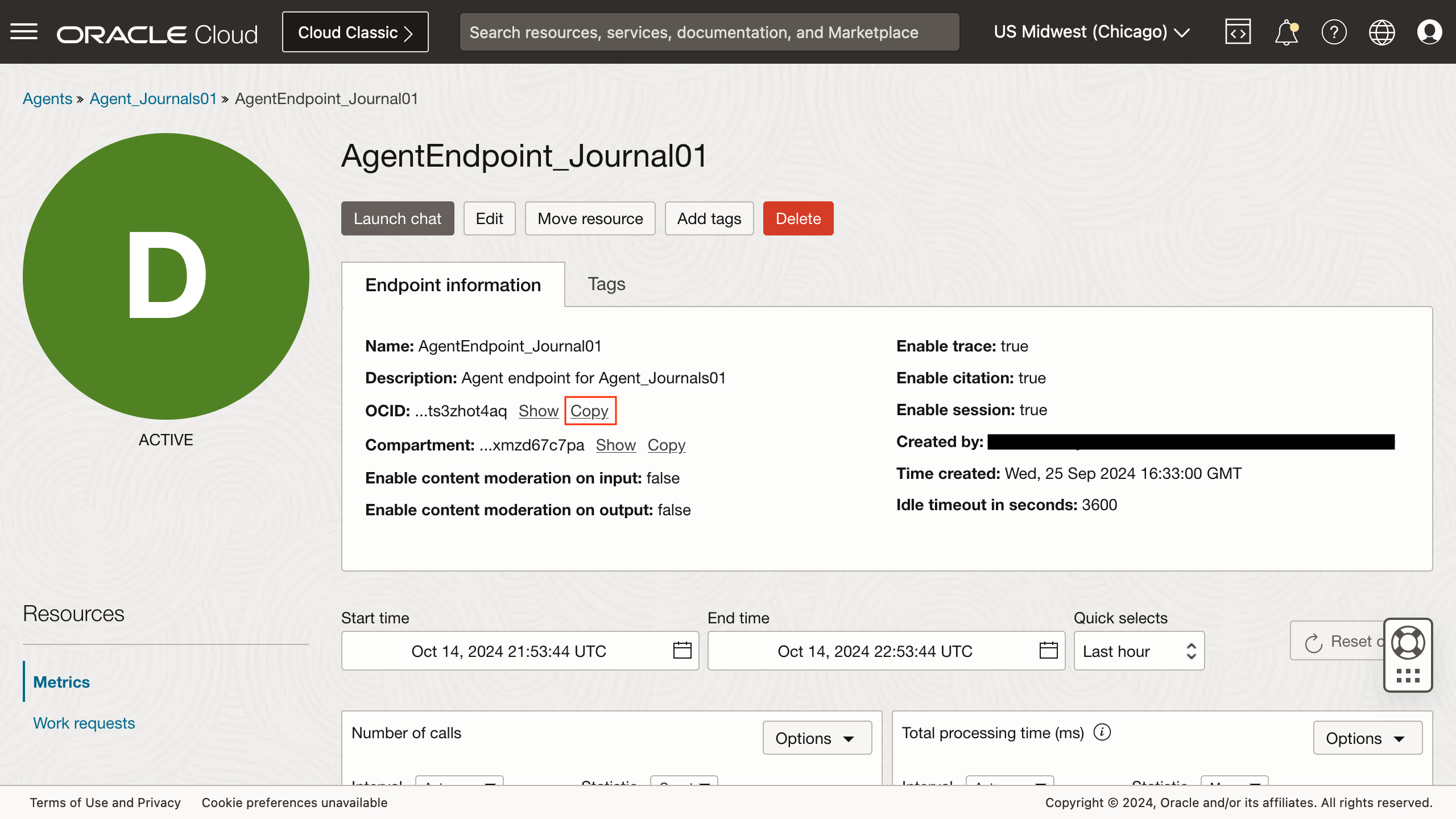 Copy the agent endpoint&#39;s OCID from its details page.