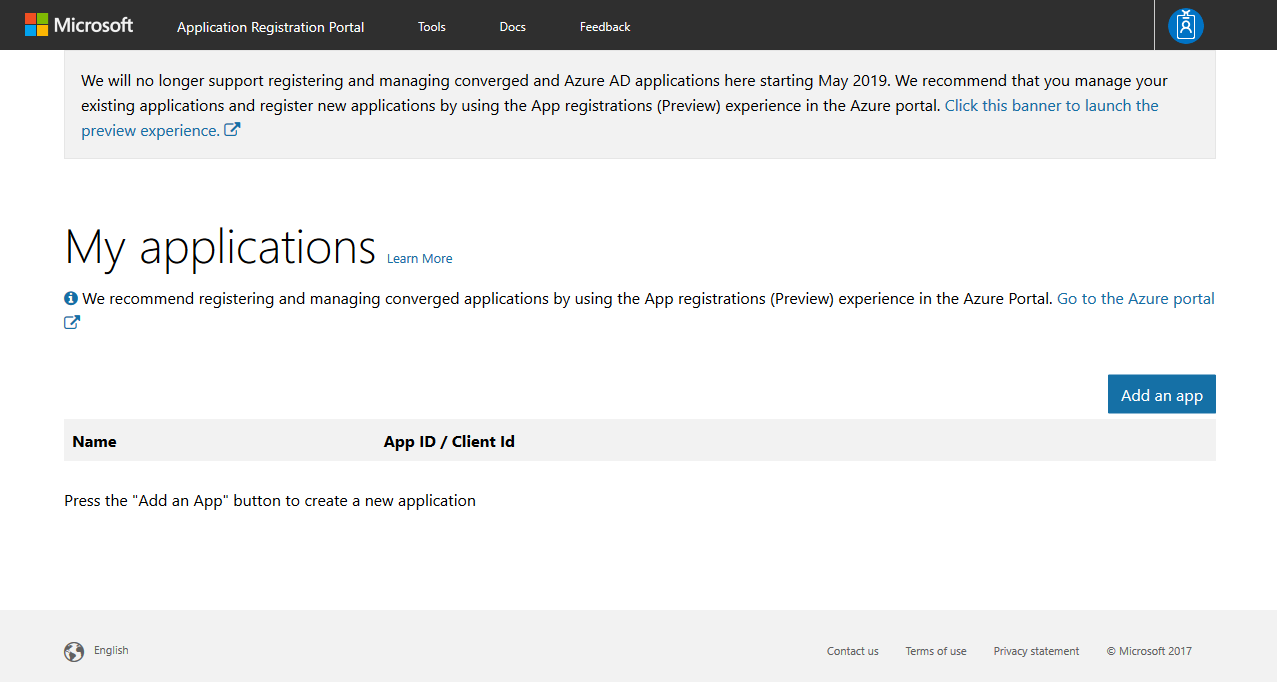 Microsoft Application Registration Portal