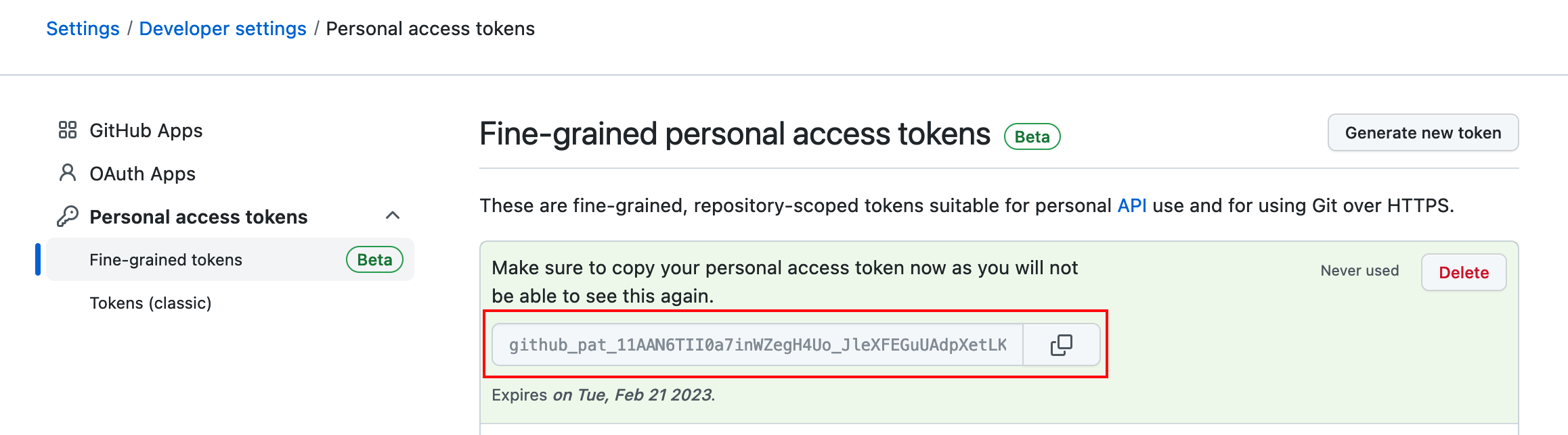 Copy the personal access token as it will only be displayed once.