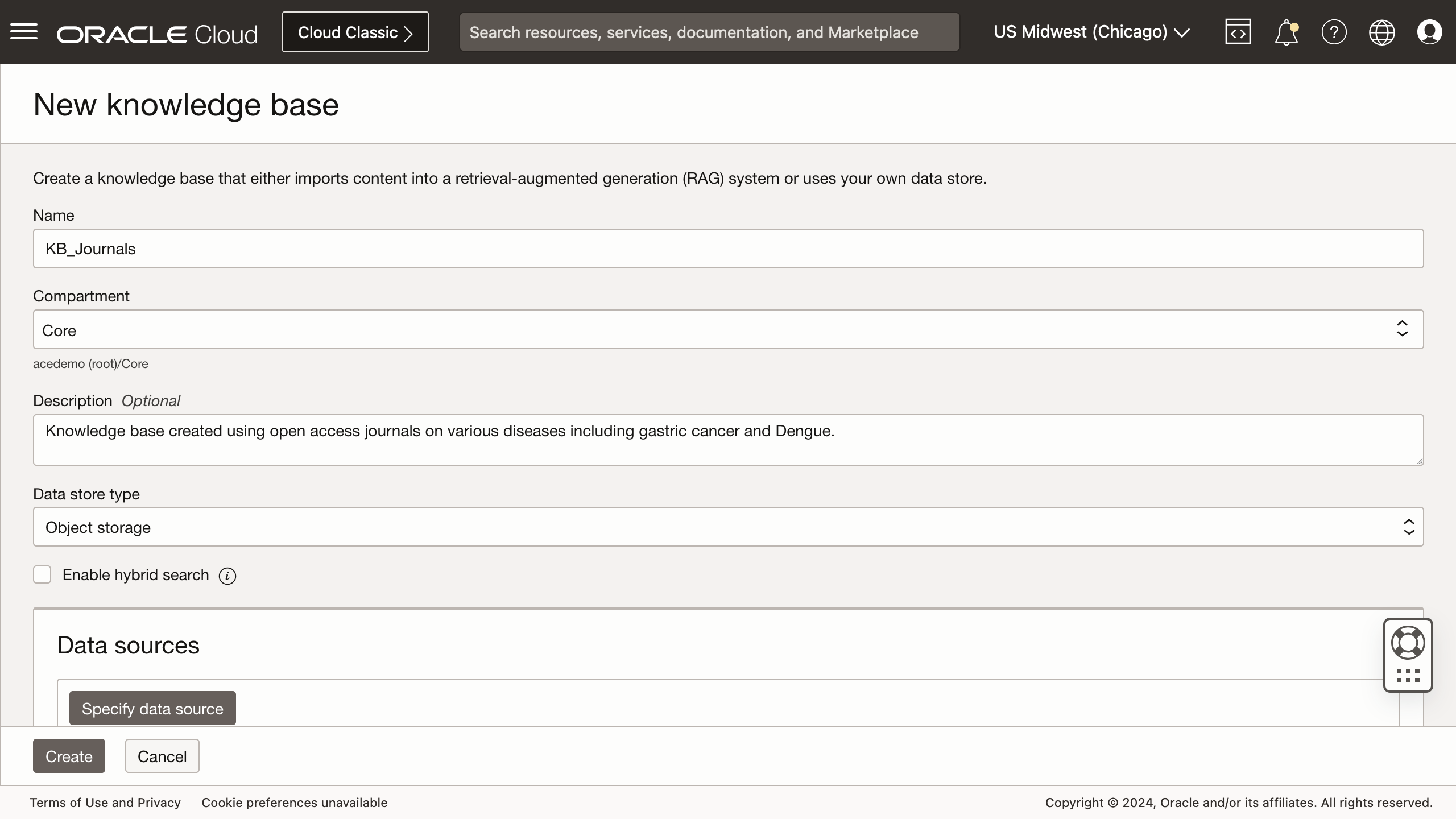 Create a knowledge base using documents stored object storage.