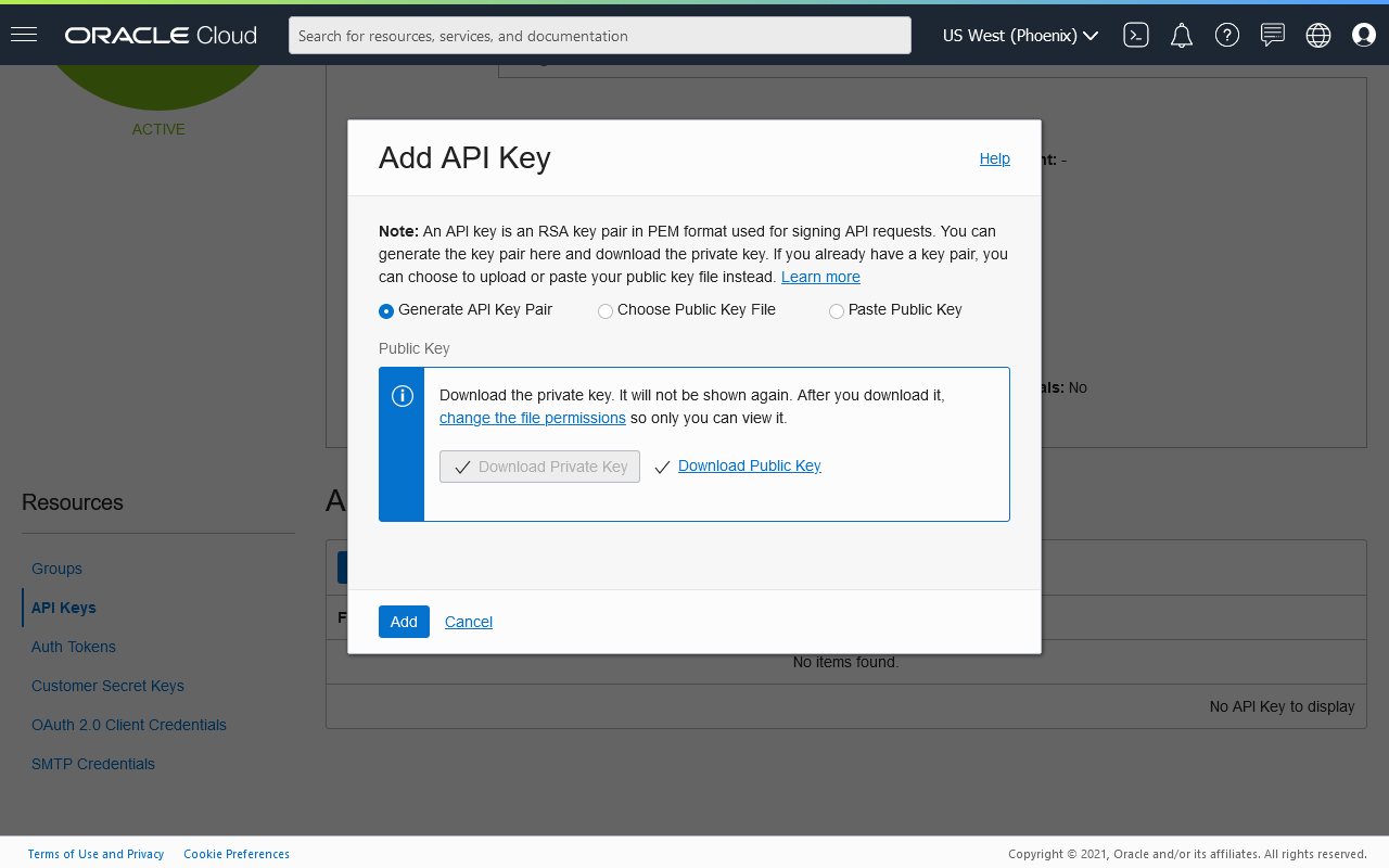 Generate and download the API key pair from OCI console.