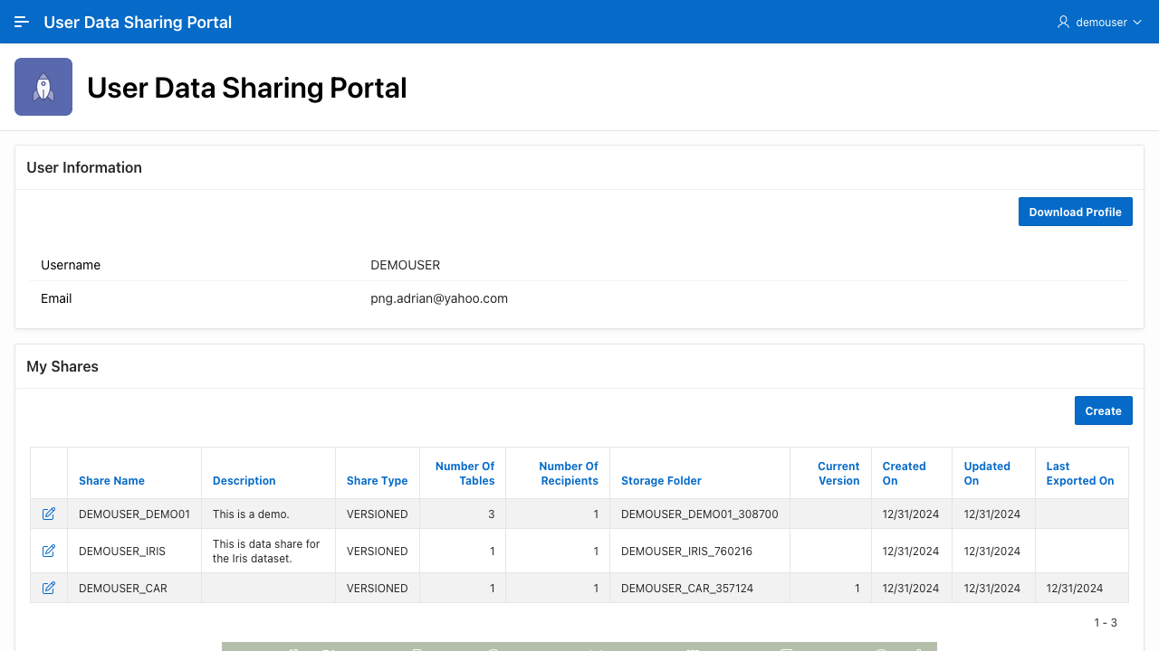 The data sharing portal&#39;s homepage