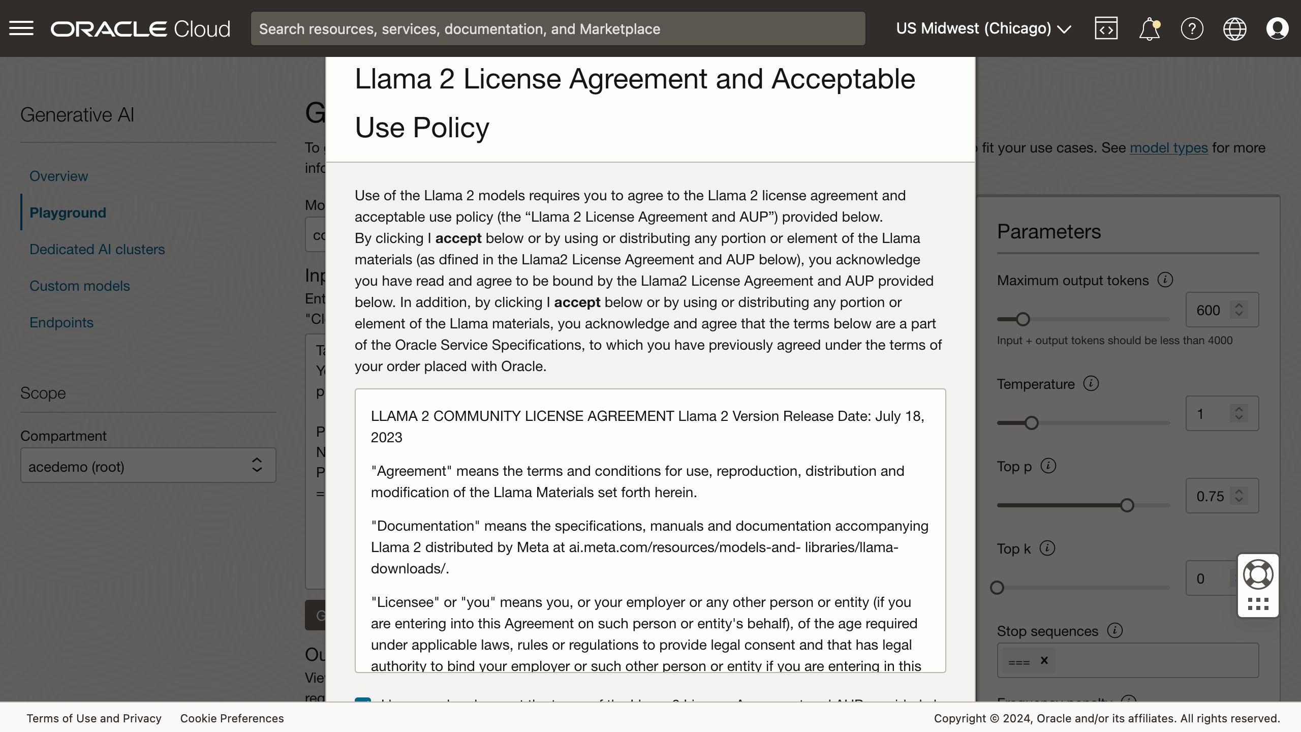 Aggreement to the terms of use for Llama2 is required.