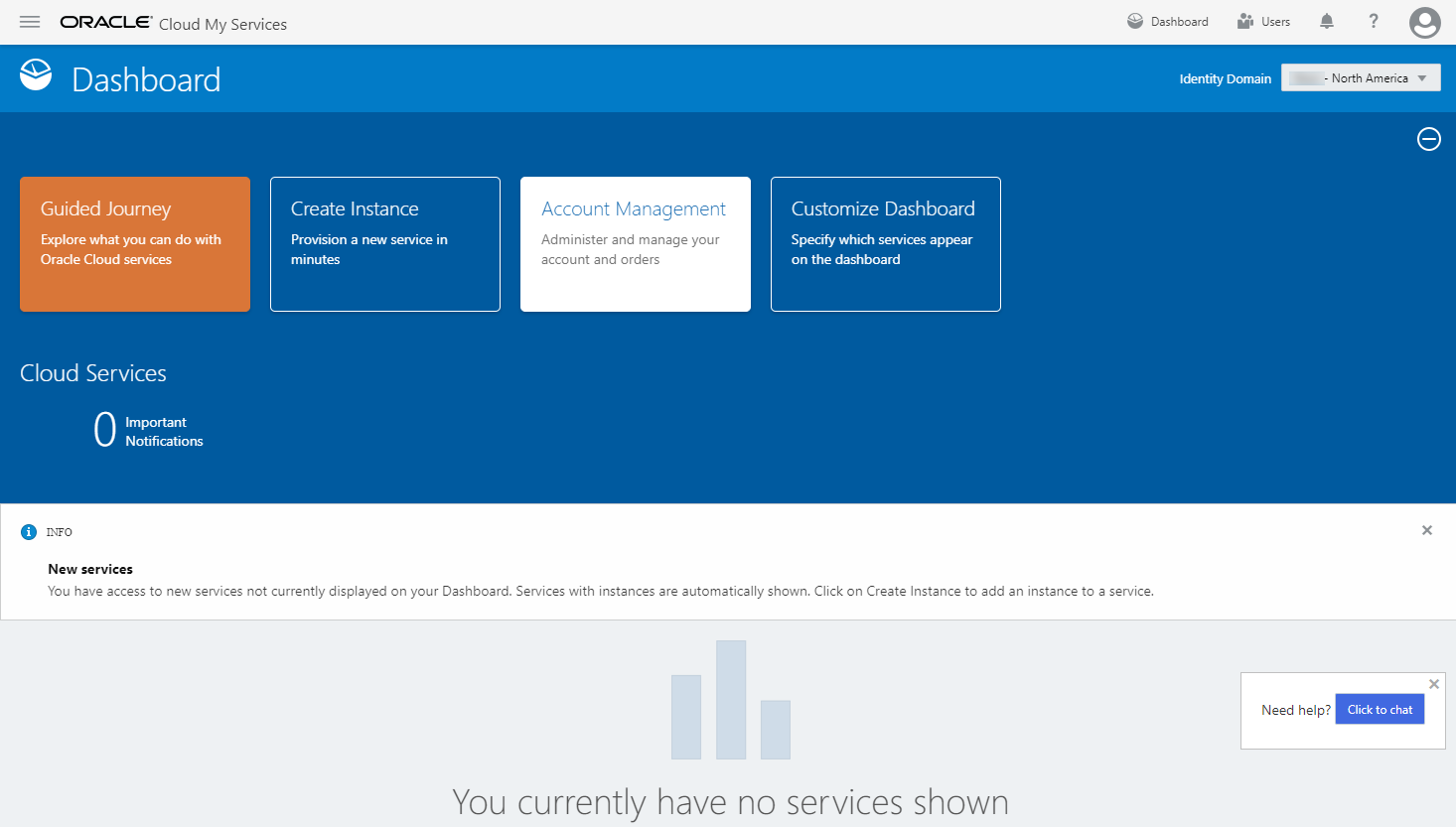 Oracle Cloud - My Services Dashboard