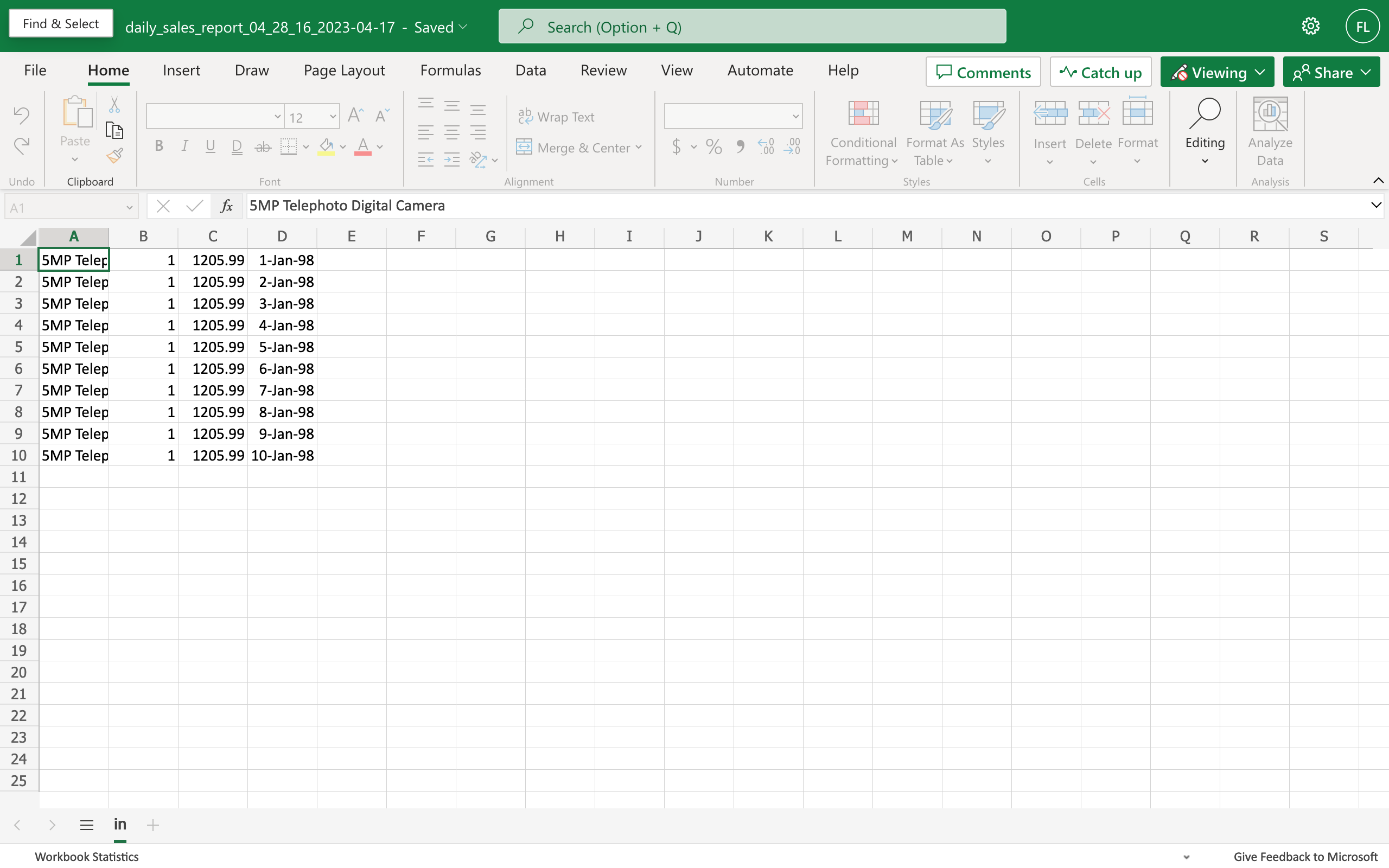 Results from the query in Excel.