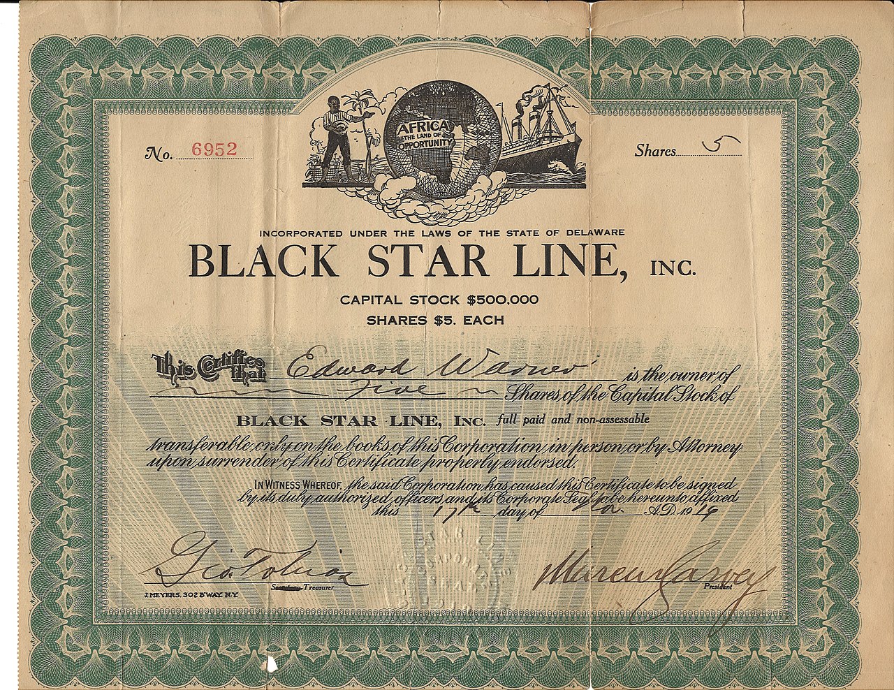 Black Star Line Stock Certificate